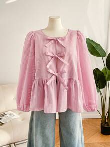 CosyJoli 大码女装春秋季时尚休闲宽松舒适日常蓝白条纹长袖蝴蝶结衬衫，母女装，度假女装，曲线可爱上衣，情人节 - 粉色 - 查看 4