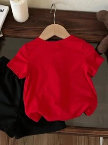 Valentine's Day Boys Casual Fashion Creative Minimalist Holiday Gesture Heart Pattern Basic Short Sleeve Children's T-Shirt Sibling Outfits Matching Outfits (2 Pieces Are Sold Separately) - Red - View 2