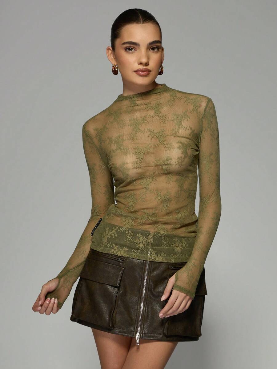 MISSGUIDED 透明花卉蕾丝假领长袖上衣优雅晚会假期冬季秋季春季合身衬衫