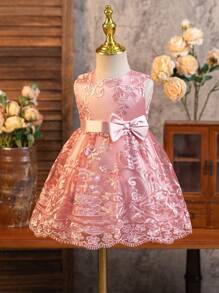 Glamorique Kids 女孩刺绣薄纱蝴蝶结无袖连衣裙，适合节日、户外、派对、聚会、夏季