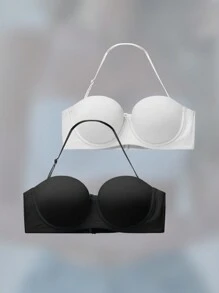 2 件装 女士婚礼露背低胸文胸，无钢圈聚拢文胸，无肩带粘合文胸，黑白 - 黑與白 - 查看 3