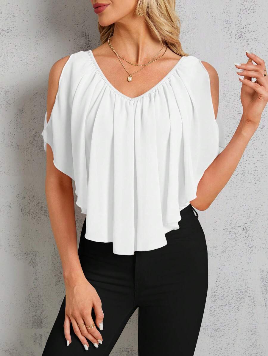 SHEIN Clasi 女士露肩纯色 T 恤，简约时尚休闲日常穿着 - 白色 - 查看 1