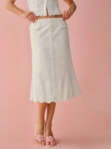 Enchnt Falda de lino con bordado de ola en el bajo, unicolor, romántica y elegante para mujer, ideal para vacaciones, citas dulces, uso diario y vacaciones