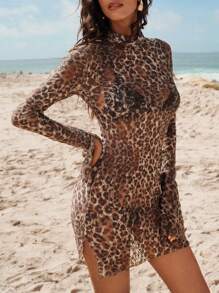 Opulessa Vestido mini ajustado de manga larga con cuello alto de punto de malla con estampado de leopardo para mujeres - Negro - Ver 4