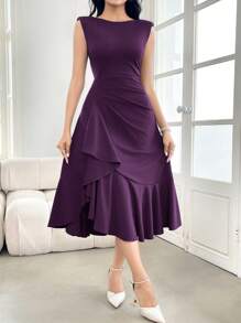 Modelyn Vestido elegante morado de mujer con cuello redondo y ruedo con volante - Morado - Ver 4