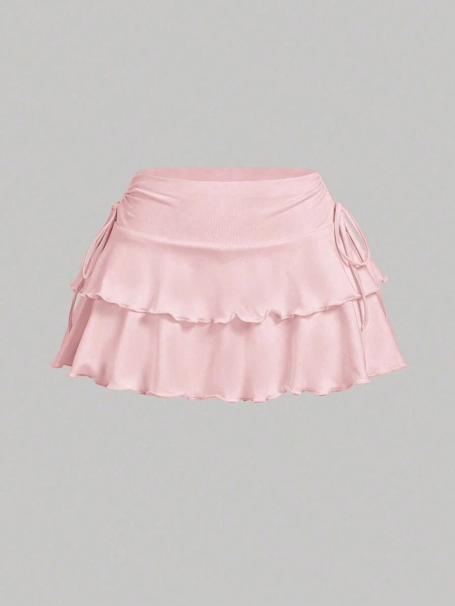 SHEIN Tall Drawstring Waistband Cake Skirt Simple Fashionable Daily Casual - Baby Pink - View 1