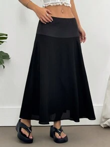 Flirla Black Satin Waist Spliced Textured Fabric Minimalist A-Line Skirt, Elegant & Versatile Slimming Fall Cloth For Women - Black - View 5