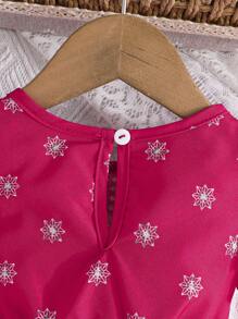 SHEIN Baby Girl Cute Floral Sleeve Round Neck Print Casual Dress, Fashionable Outdoor Summer - Hot Pink - View 6