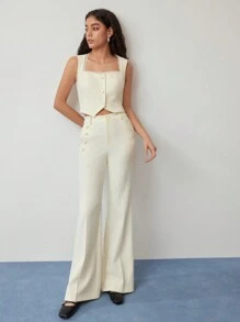 MOTF STUDIO CONTRAST LACE BUTTON UP WAISTCOAT - Apricot - View 5