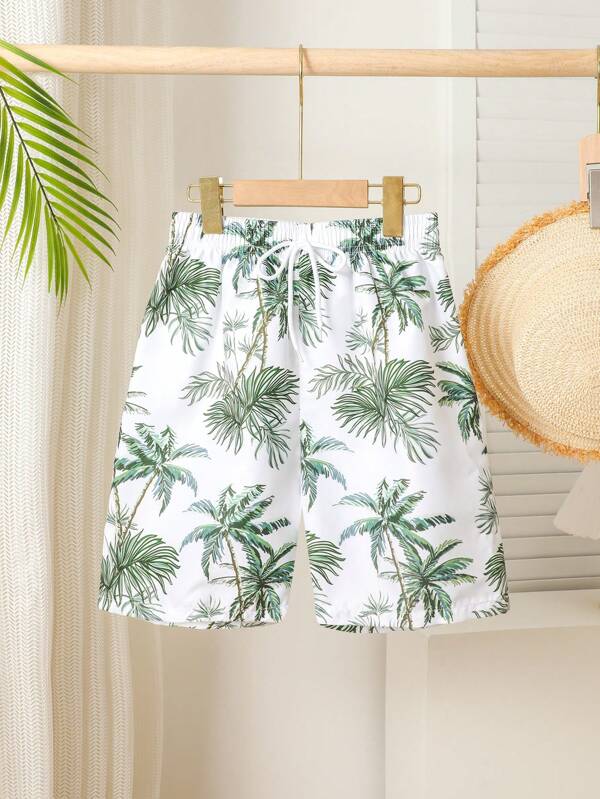 Boys' (Large) Swimsuit Tween Boys Swimwear Leisure Vacation Green Coconut Tree Pattern Woven Beach Pants Strap Rope Suitable For Vacation Suitable For Summer