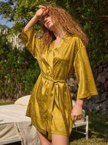 Ocili Leisure Soft And Smooth Jacquard Pattern Satin Landscape Women Sleepwear Robe - Mustard Yellow - View 5
