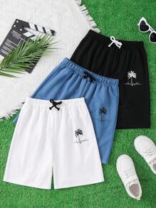 Set de 3 piezas de pantalones cortos informales con estampado de árboles de coco y letras para niño preadolescente, adecuado para la escuela, el transporte, el uso casual diario, los deportes, la primavera/verano