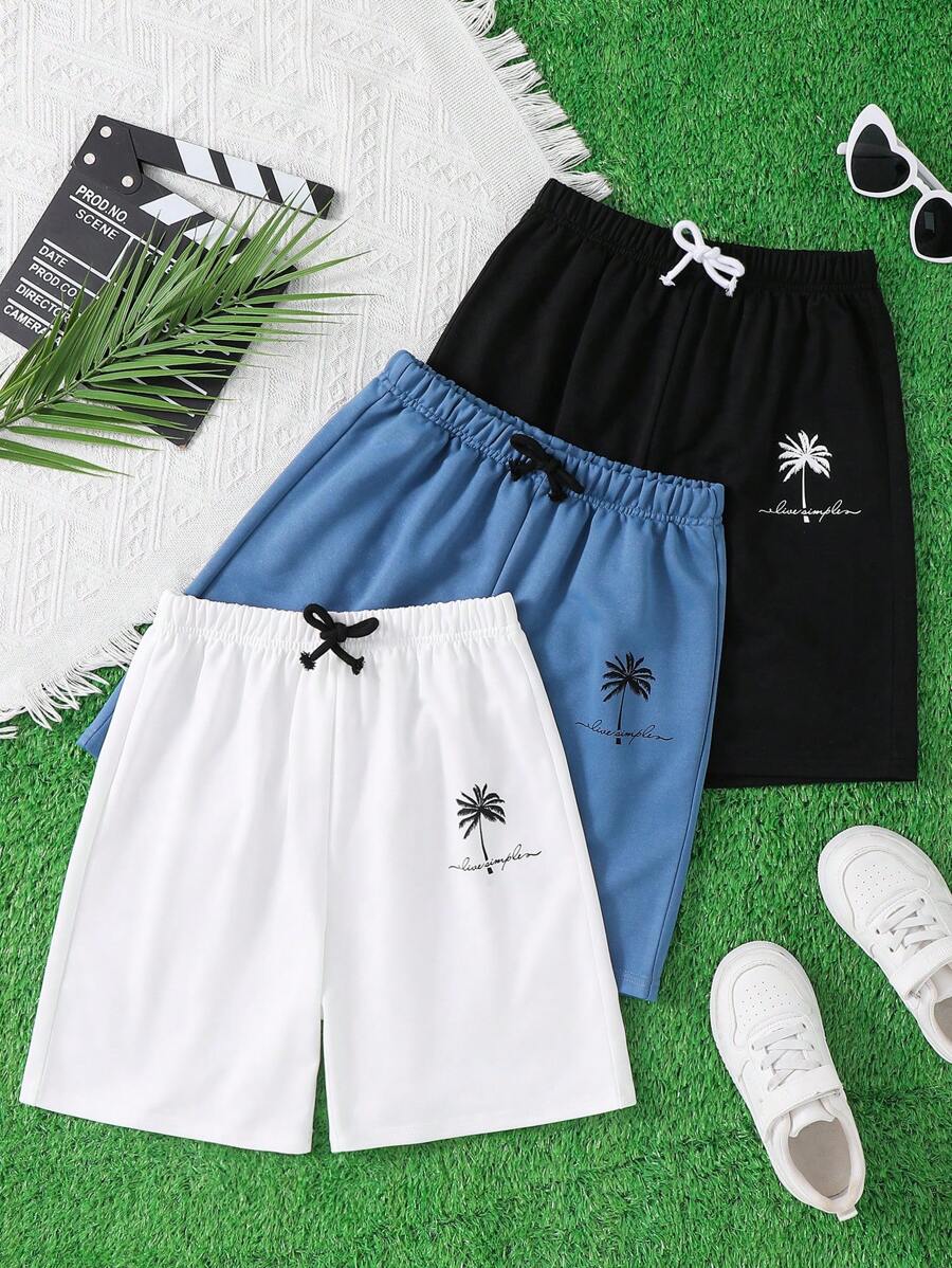 Set de 3 piezas de pantalones cortos informales con estampado de árboles de coco y letras para niño preadolescente, adecuado para la escuela, el transporte, el uso casual diario, los deportes, la primavera/verano