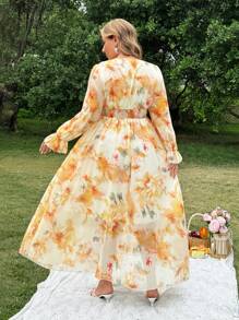 Flirla Abito in chiffon con scollo a V maniche lunghe elegante, con motivo floreale ditsy, romantico e puro, adatto alla primavera/estate, per spiaggia o vacanza - Multicolore - Visualizzare 2