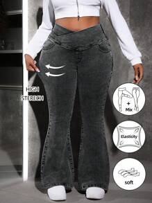 SHEIN EZwear 大码弹力牛仔喇叭牛仔裤，休闲高腰蓝色