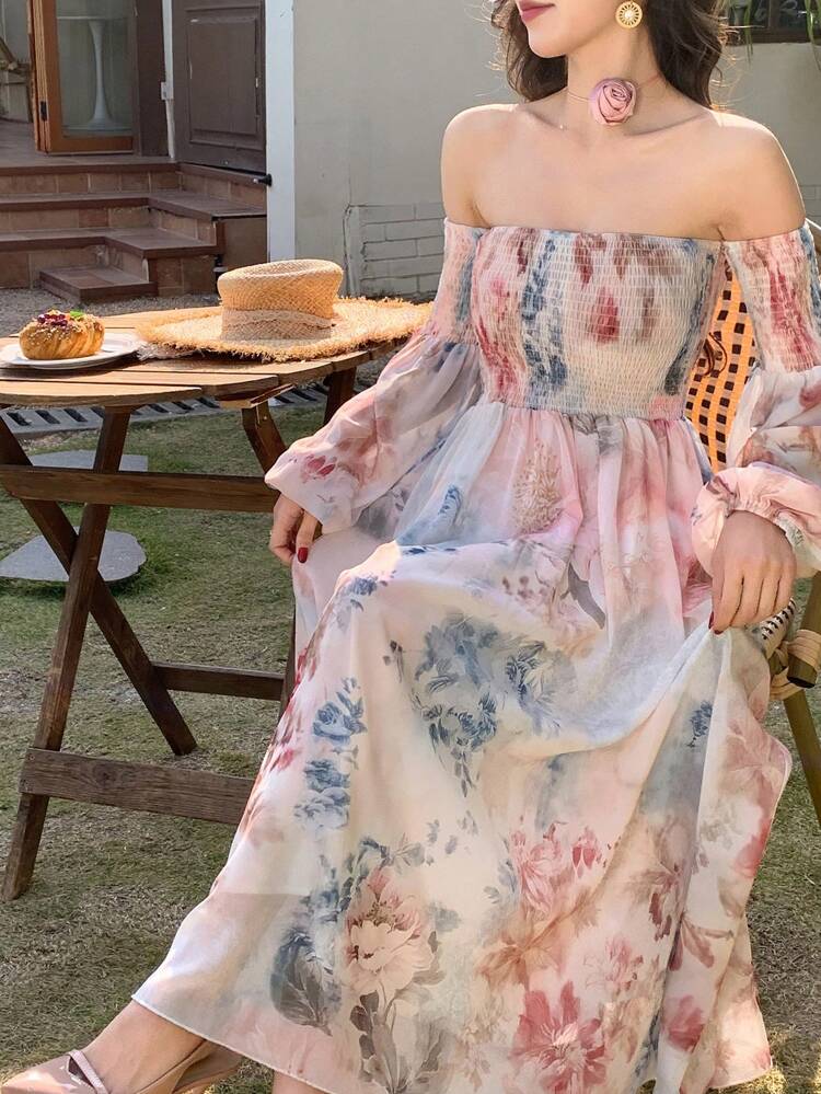 Women's All Over Floral Print Off Shoulder Midi Dress,Ruffle,Fall Dress Long Sleeve Dress Vacation Outfits Women Easter Boho