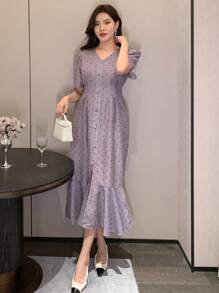 DAZY 波点V领镂空鱼尾中长连衣裙，女士舞会礼服，吊带裙，婚纱，奢华优雅女士连衣裙 - 紫色 - 查看 6