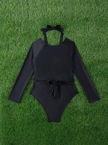 Swim SPRTY Rashguard deportivo de mujer de unicolor de manga larga con escote halter calado, para vacaciones de verano en la playa