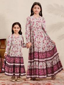 SHEIN Leap Crew Tween Girls Loose V-Neck Long Sleeve Ruffle Cuff Print Long Dress - Apricot - View 3