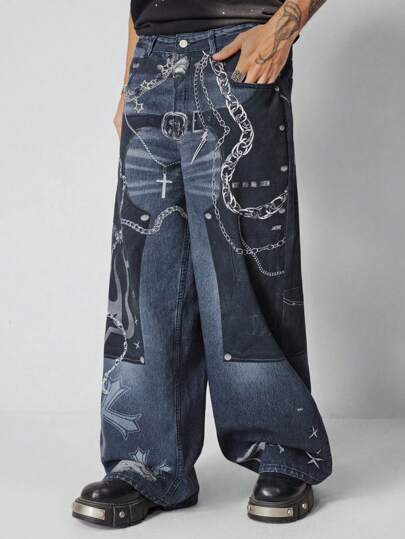 Goth Jeans casuales holgados de pierna ancha con bolsillo de inserción estampado de cadena para hombres