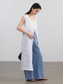 DAZY Linen Solid Color Minimalist Long Tunic, V-Neck With Drawstring, Casual Vacation Cardigan For Women Old Money Style - White - View 6