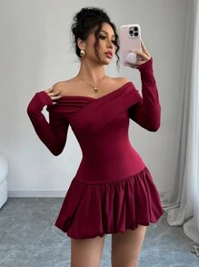 Elenzga Women's Solid Color Bud Waist Off Shoulder Elegant Dress - Burgundy - View 3