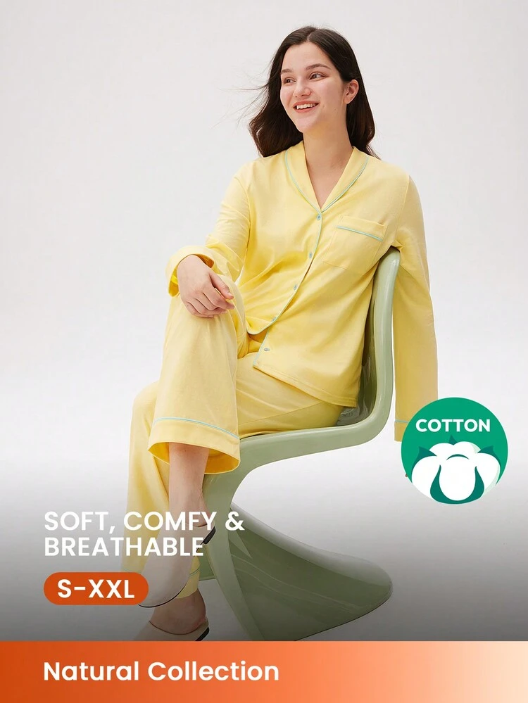 Cotton Button-Up Top & Pants PJ Set