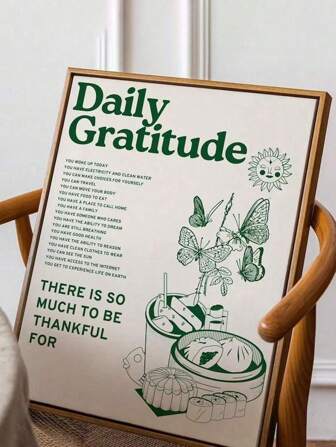 1 张感恩海报、积极肯定墙面艺术、励志墙面装饰、自然与食物插图海报、励志名言帆布艺术品、每日提醒艺术印刷品、家居装饰、绘画、房间美学、墙面装饰印刷品、礼物，适用于客厅、卧室、浴室、咖啡厅