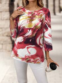 EMERY ROSE Women's Round Neck Long Sleeve Printed Simple Blouse, Casual Everyday Wear - Red - View 5