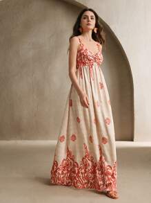 Anewsta Peylow Orange Contrast Print Dress, Sexy Bohemian Beach Dress For Women, Spring/Summer Outfits - Burnt Orange - View 6