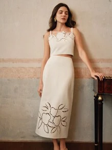 Anewsta Elegant Urban 2 Pieces Set: High-End Burn-Cut Hollow Embroidery Spaghetti Strap Bustier Top & Long Skirt