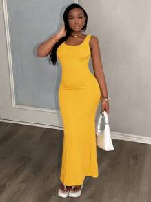 Slaydiva New Spring And Summer Casual Basic Everyday Versatile U-Neck Vest-Style Fishtail Skirt Slim Long Skirt Yellow Knitted Women's Long Dress-G - Yellow - View 2