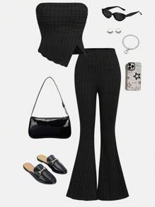 SHEIN Girlism 少女针织纯色罗纹可拆卸肩带吊带背心和阔腿裤两件套，休闲