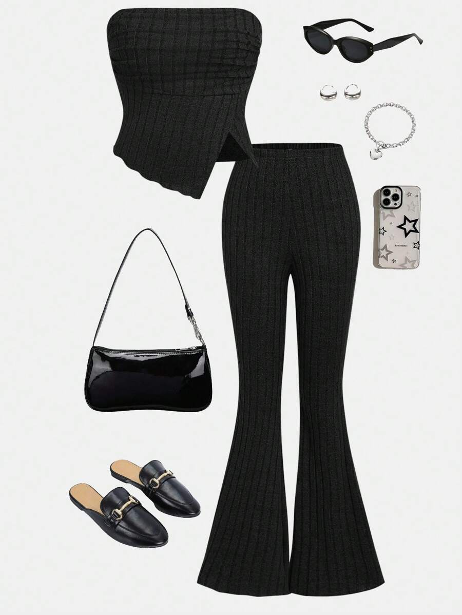 SHEIN Girlism 少女针织纯色罗纹可拆卸肩带吊带背心和阔腿裤两件套，休闲