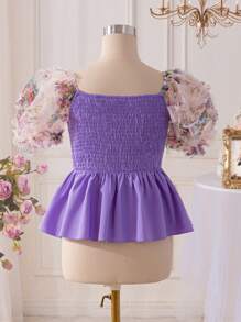 SHEIN 少女假期甜美泡泡袖女童套头衫 - 淡紫色 - 查看 2