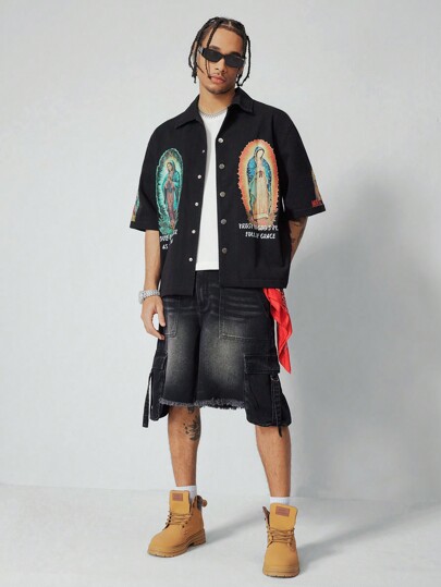 Goth Shorts en jean cargo pour hommes avec ourlet effiloché et lavé, style décontracté