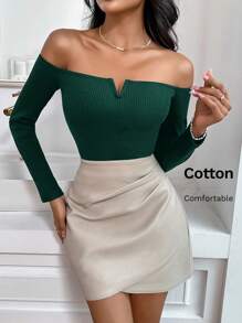 SHEIN Privé Maglietta aderente a maniche lunghe con spalle scoperte, in maglia a coste, di colore unito, di moda per donna