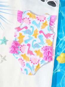 Newborn Baby 1-Piece Ruffled Swimsuit With Cute Dinosaur Print, Pink