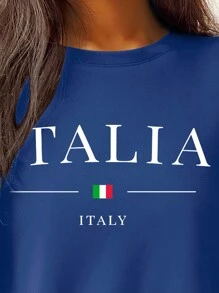 SHEIN LUNE 情人节粉红玫瑰时尚英文休闲舒适外出修身家居时尚秋冬春季休闲外出长袖打底印花T恤女式春季上衣 - 藍色 - 查看 6