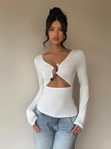 Aloruh 女款秋冬新款纯色镂空设计琥珀宝石金属纽扣装饰黑色紧身圆领白色长袖T恤 - 白色 - 查看 4