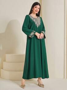 Al Najma Đầm mini họa tiết trang trí cổ tròn dài tay phong cách Ả Rập cho nữ - Màu xanh lá cây đậm - Xem 3