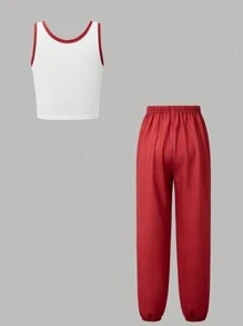 SHEIN Valentine's Day Tween Girl Casual Fashionable Street Chic Red Cartoon Tank Top & Sweatpants 2 Pieces Set - Multicolor - View 4