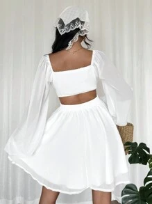 SHEIN VCAY 女士优雅纯色露肩灯笼袖迷你连衣裙 - 白色 - 查看 2