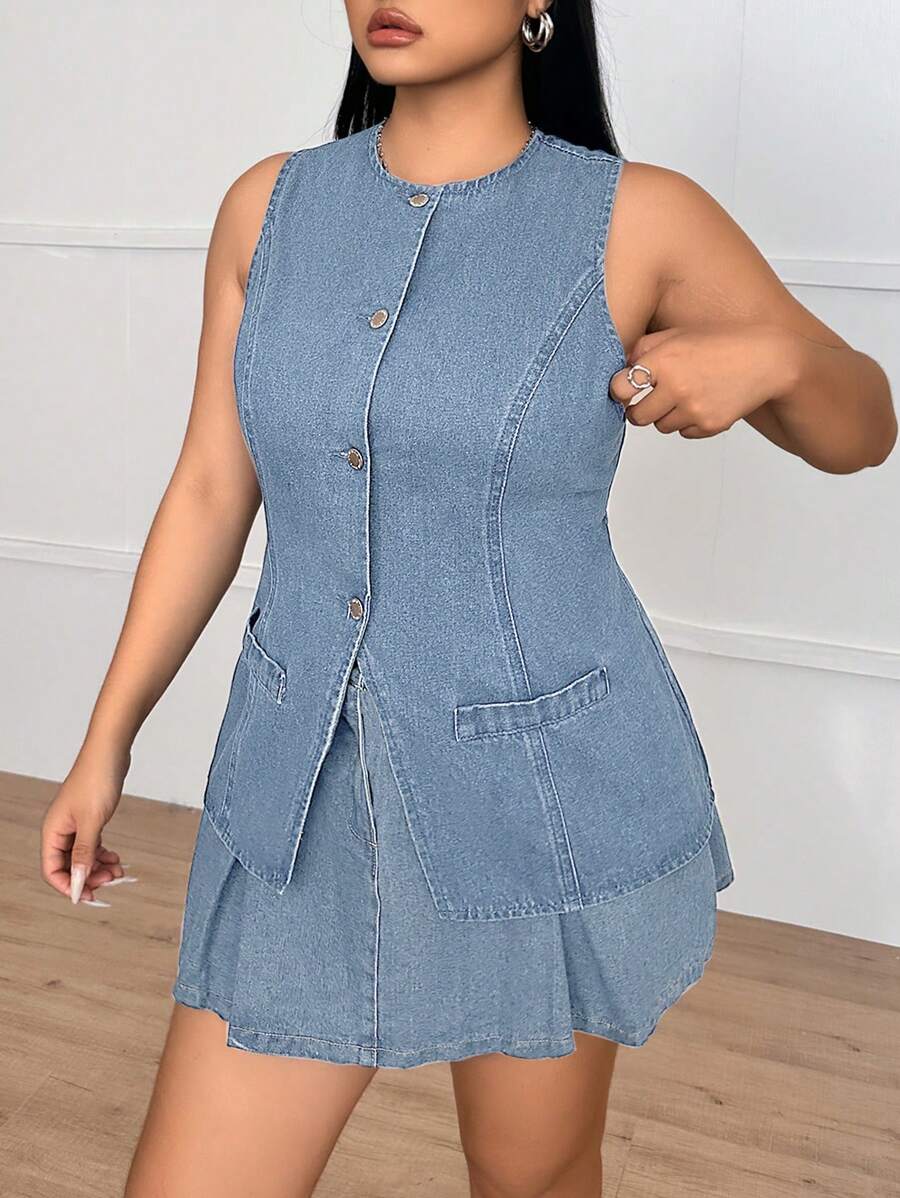 SHEIN Essnce Plus Size Blue Denim Sleeveless Casual Fitted Vest - Medium Wash - View 1