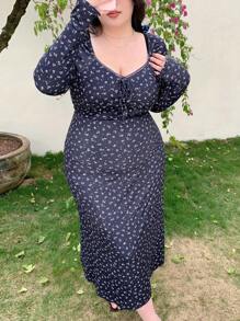 Dazy Plus All-Over Floral Print Wrap Dress Long Sleeve, Spring/Summer,Milkmaid Dress - Navy Blue - View 5