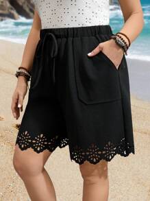 EMERY ROSE Plus Size Solid Color Casual Shorts, Fashionable And Suitable For Daily Wear Spring Outfits For Women - Black - View 4