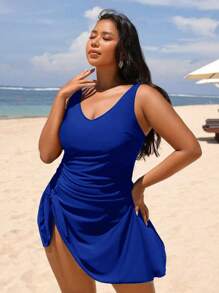 Swim Lushoire Summer Plus Size Solid Color Sleeveless Minimalist One-Piece Swimsuit - Royal Blue - View 4