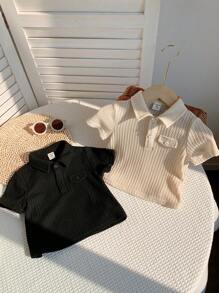 SHEIN Set de 2 pullovers de bebé niño de unicolor, de punto suave, con cuello vuelto, manga corta y cierre parcial - Multicolor - Ver 8