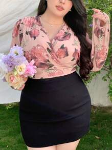 Dazy Plus Blouse en mousseline de soie à manches lanternes avec imprimé floral, grande taille, pour vacances. Top à manches longues pour le printemps/été - Rose bonbon - Voir 3