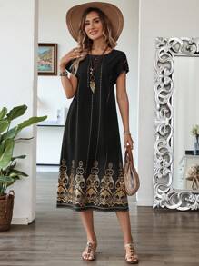 EMERY ROSE 女士圆领短袖印花休闲直筒连衣裙，适合日常穿着 - 彩色 - 查看 7